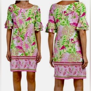 Pappagallo M Floral Ruffle Sleeve Dress - Pink and Green